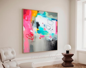 Pink and gray modern abstract painting print, Trendy colors wall art, Large colorful abstract art