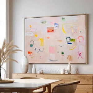 Abstract painting print, pink and multicolor painting , Cheerful painting for modern décor, Large wall art, Hand embellished with  gold leaf