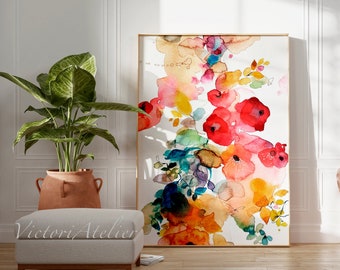 Floral watercolor art print, red bouquet print, Modern flowers wall art, Colorful floral art  print, floral painting print