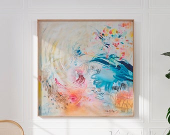 Blue orange abstract painting print, Joyful multicolor large wall art, Modern aesthetic abstract artwork