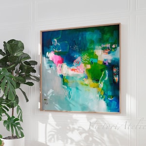 Blue and green modern abstract print, Vibrant and colorful extra large wall art painting, living room decor, Abstract landscape