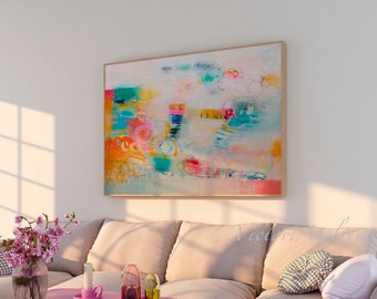 Joyful multicolor abstract painting print with light pink and yellow, Extra large wall art print, Modern multicolor abstract art