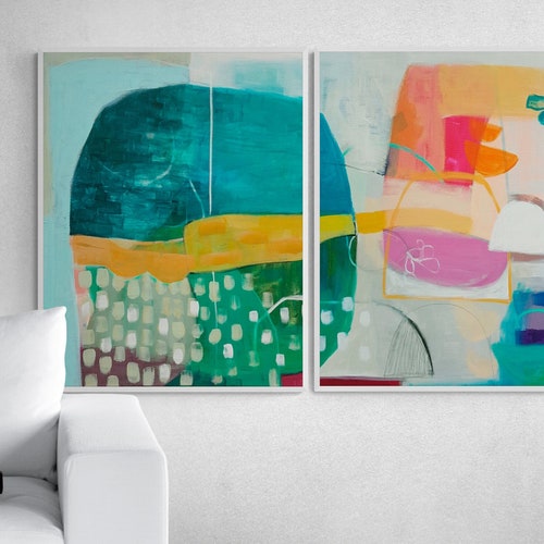 Colorful Prints Set of 2 Abstract Wall Art Large Abstract Etsy