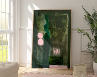 Abstract painting print, Forest green pink extra large Modern abstract artwork, Vertical eclectic large wall art