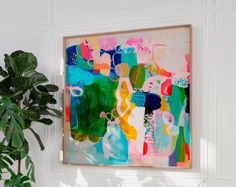 May include: Abstract painting with a colorful, layered design. The painting features a variety of shapes and colors, including green, blue, yellow, pink, and red. The painting is framed in a wooden frame.