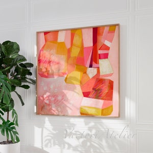 Abstract painting print, Large vertical square modern art, Bright and colorful abstract art, Pink and yellow wall art