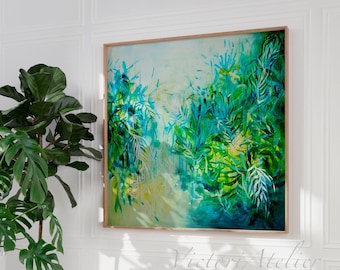 Impresión artística de hojas tropicales, pintura botánica verde y azul