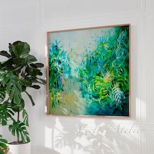 Tropical leaves wall art print, Green and blue botanical print, Extra large tropical painting, Forest green abstract art