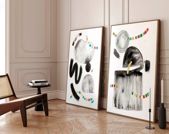 Abstract painting prints set of 2, Black white and multicolor abstract art hand embellished with gold leaf