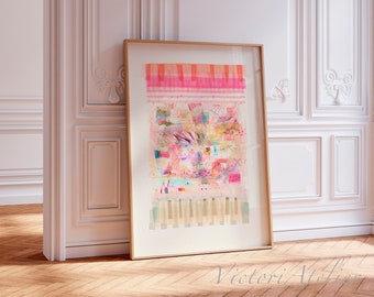 Roze en groene moderne abstracte muurkunst print, eclectische moderne schilderkunst, verticale woonkamer wanddecor, grote abstracte muurkunst