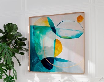 Blue and gold geometric print, Teal and yellow Abstract wall art, Large abstract painting, Modern wall art hand emebellished with gold leaf