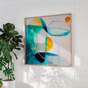 Blue and gold geometric print, Teal and yellow Abstract wall art, Large abstract painting, Modern wall art hand emebellished with gold leaf