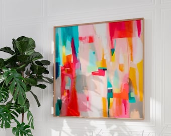 Coral and yellow geometric abstract large wall art print, Colorful abstract painting