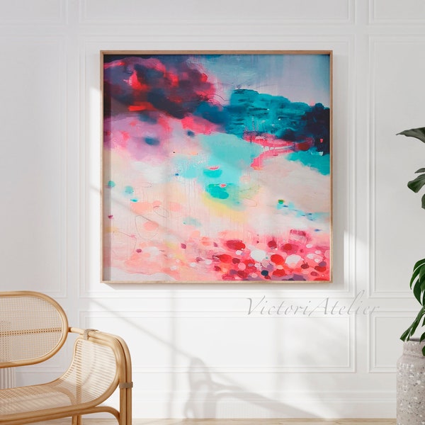 Abstract Field landscape with purple clouds, Large abstract painting, Abstract floral scene