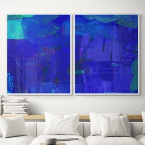 Blue Abstract prints set, Set of 2  large prints, Blue painting Abstract art, Extra large Bright  blue  wall art,