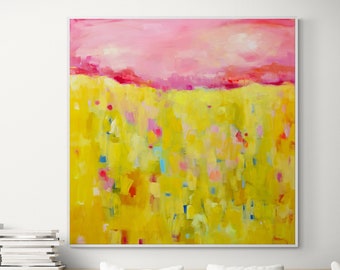 Large original abstract floral landscape painting on canvas, Yellow and pink colorful abstract art, Extra large wall art ready to hang