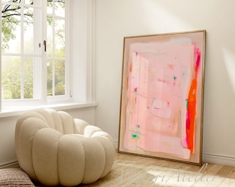 Abstract art print light pink coral orange beige , Extra large wall art print, Minimalist Canvas decor for living room