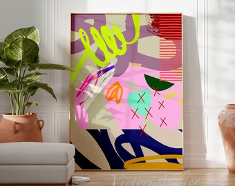 Abstract pattern eclectic modern painting, Extra large wall art, Colorful bold trendy wall art, Modern doodle multicolor illustration