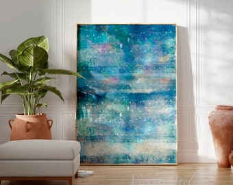 Blauwe abstracte gicleeprint, moderne muurkunst