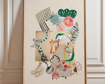 Impression collage botanique, tableau moderne coloré, décoration d'intérieur créative