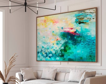 Abstract art print, Teal blue abstract landscape, Extra large wall art, Green abstact painting