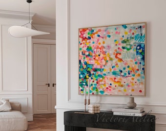 Grande impression abstraite joyeuse et colorée pour une décoration de maison moderne, Grande peinture abstraite, Art mural abstrait et Oeuvre d'art multicolore