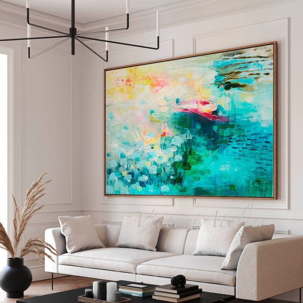 Impression d'art abstrait, paysage abstrait bleu sarcelle, art mural extra large, peinture abstraite verte