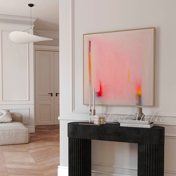 Abstract schilderij print lichtroze en beige, extra grote muurkunstprint, minimalistisch canvas decor voor de woonkamer