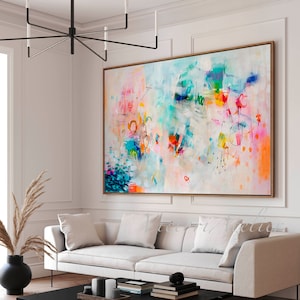 Abstract art painting print , White and multicolor Extra large wall art print, Canvas decor for living room, Art over coach sofa image 1