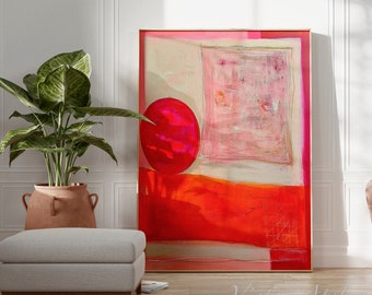 Colorful abstract painting print, Bright pink and orange abstract art, Large vivd colors geometric wall art