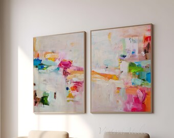 Abstract prints set colorful multicolor, Set of 2  large prints, Set of two paintings, Extra Large Brush stroke wall art