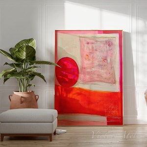 Impressão de pintura abstrata colorida, arte abstrata rosa brilhante e laranja, arte geométrica de parede em cores grandes e vivas