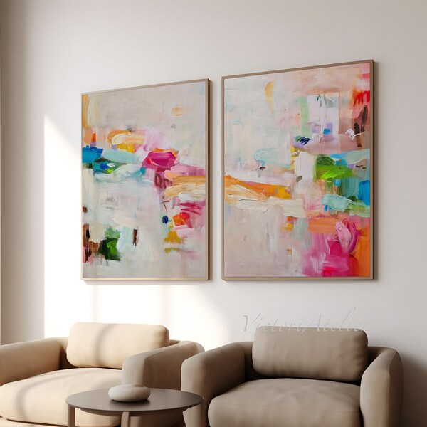 Abstract prints set colorful multicolor, Set of 2  large prints, Set of two paintings, Extra Large Brush stroke wall art