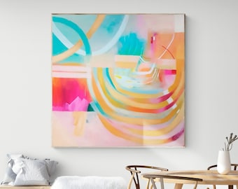 May include: Abstract painting with a mix of bright colors, including turquoise, pink, yellow, and orange. The painting features curved lines and geometric shapes.