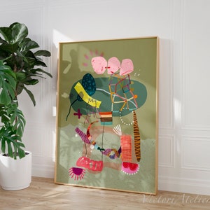 May include: Abstract art print with a green background, pink and yellow shapes, and colorful lines. The print is framed in a light wood frame.