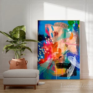 Arte de pared vibrante colorido, pittura moderna abstracta brillante, arte abstracto grande, arte multicolor azul