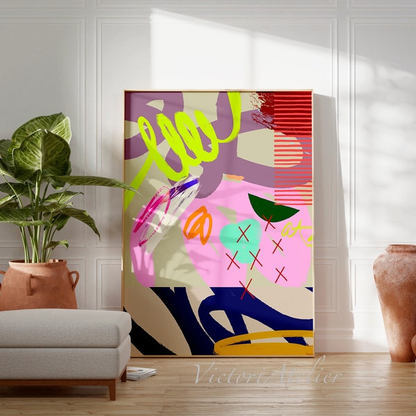 Abstract pattern eclectic modern painting, Extra large wall art, Colorful bold trendy wall art, Modern doodle multicolor illustration