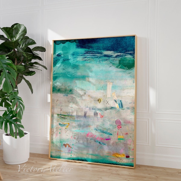 Abstract painting print, Teal blue  large minimalist abstract art, Modern textured blue green multicolor, Trendy aesthetic wall art