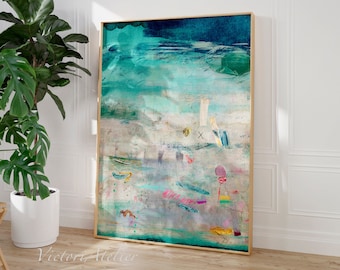 Abstract painting print, Teal blue  large minimalist abstract art, Modern textured blue green multicolor, Trendy aesthetic wall art