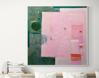 Extra large Original abstract painting on stretched canvas, Pink and green Modern wall decor, Large minimalist geometric wall art