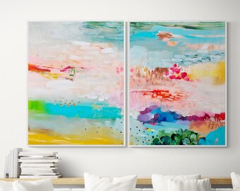 Abstract prints set colorful and multicolor landscape, Set of 2  large prints, Set of two paintings, Extra Large wall art