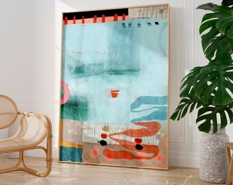 Light Blue and Red Abstract Art Print, Modern Minimalist Wall Decor