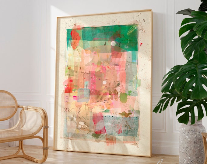 Abstract painting with light colours, Green beige pink art, Modern contemporary abstract wall art print, Statement living room wall decor