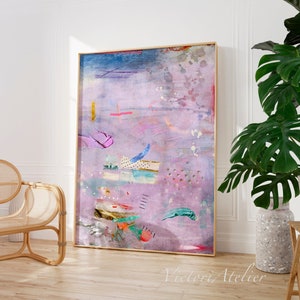 Stampa di pittura astratta, grande arte astratta minimalista lilla lavanda, moderna strutturata pastello viola multicolore, arte murale estetica alla moda