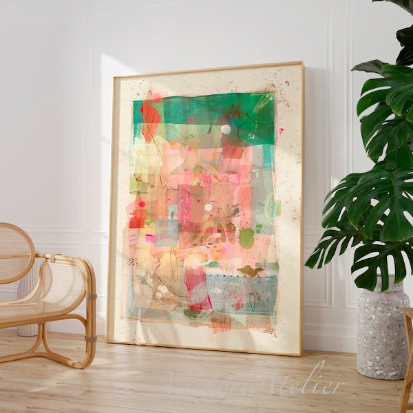 Abstract painting with light colours, Green beige pink art, Modern contemporary abstract wall art print, Statement living room wall decor