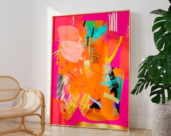 Impresión de pintura abstracta vibrante colorido magenta naranja, decoración de pared de vida moderna, arte abstracto fucsia rosa brillante