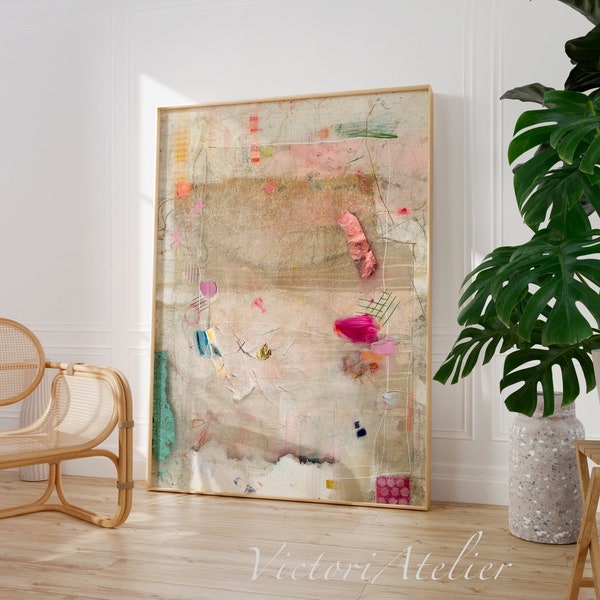 Abstract schilderij print, neutrale kleuren grote minimalistische abstracte kunst, moderne textuur beige roze, trendy esthetische grote muurkunst