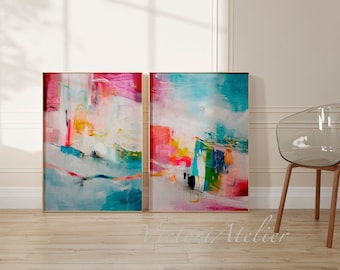 Abstrakte Blaue und Rosa Drucke Set, große Wandkunst