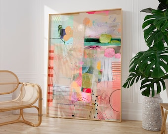 May include: Abstract art print with a collage of colorful shapes and patterns in shades of pink, green, yellow, and blue. The print is framed in a light wood frame.