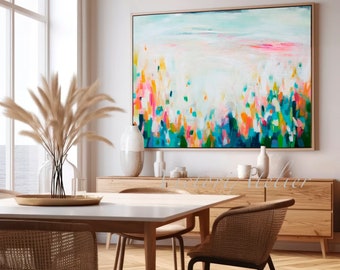 Moderner abstrakter Druck, große Wandkunst, mehrfarbige und bunte Wandkunst, fröhliche florale Landschaft abstrakte Malerei